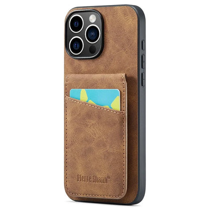 FIERRE SHANN For iPhone 16 Pro Max Case Card Holder Kickstand Leather RFID Blocking Back Cover