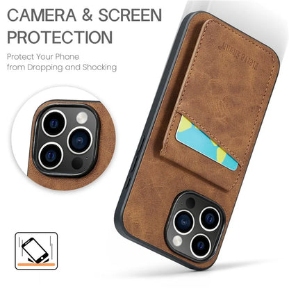FIERRE SHANN For iPhone 16 Pro Max Case Card Holder Kickstand Leather RFID Blocking Back Cover