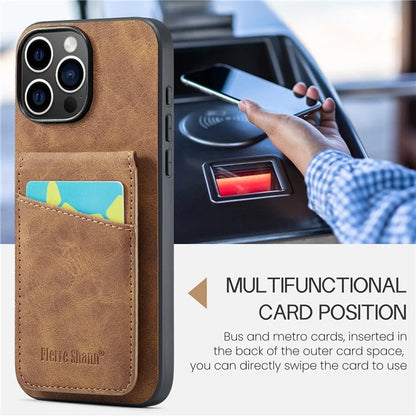FIERRE SHANN For iPhone 16 Pro Max Case Card Holder Kickstand Leather RFID Blocking Back Cover