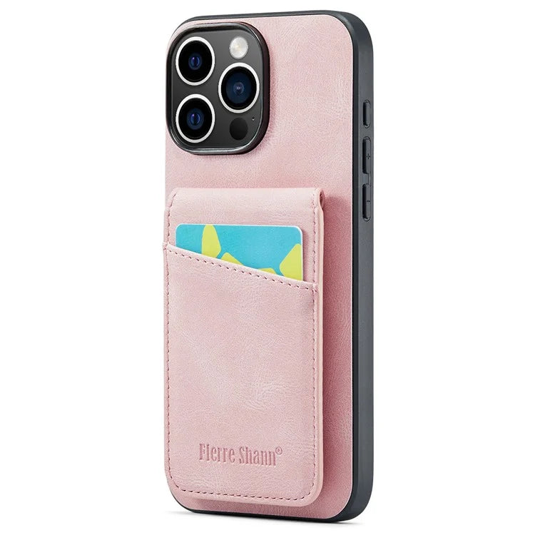 FIERRE SHANN For iPhone 16 Pro Max Case Card Holder Kickstand Leather RFID Blocking Back Cover