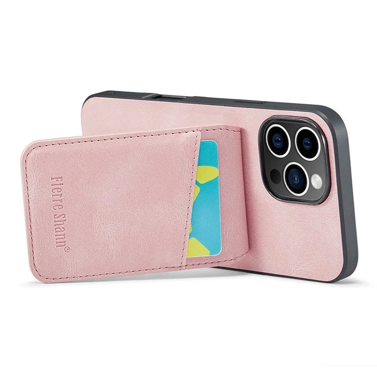 FIERRE SHANN For iPhone 16 Pro Max Case Card Holder Kickstand Leather RFID Blocking Back Cover