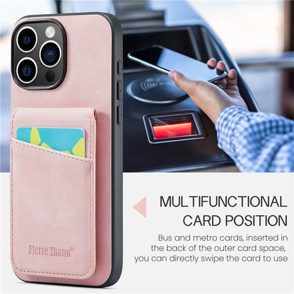 FIERRE SHANN For iPhone 16 Pro Max Case Card Holder Kickstand Leather RFID Blocking Back Cover