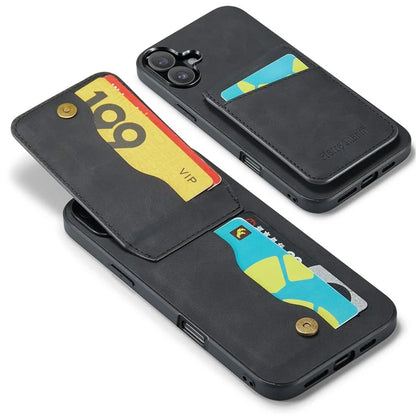 FIERRE SHANN For iPhone 16 Case Card Holder Kickstand Leather RFID Blocking Back Cover
