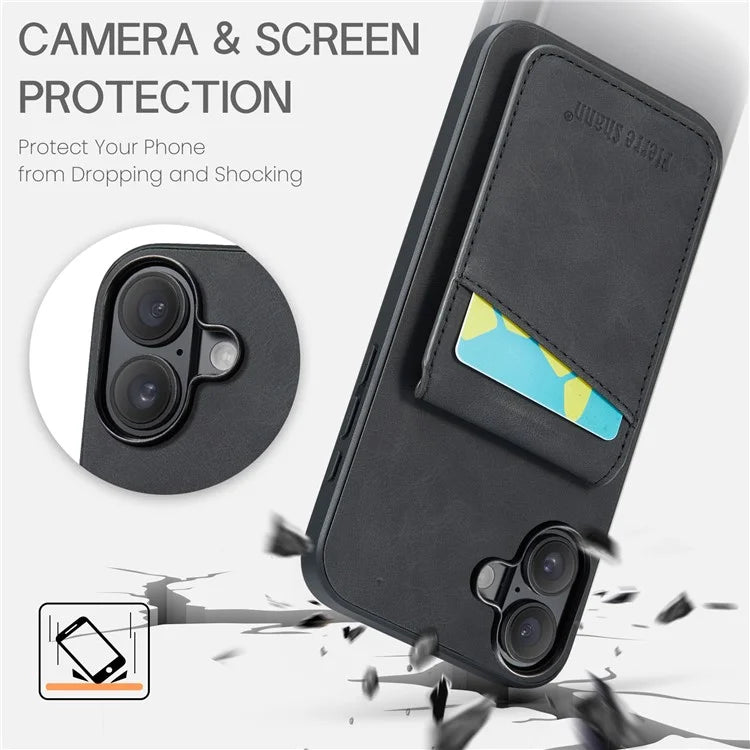 FIERRE SHANN For iPhone 16 Case Card Holder Kickstand Leather RFID Blocking Back Cover
