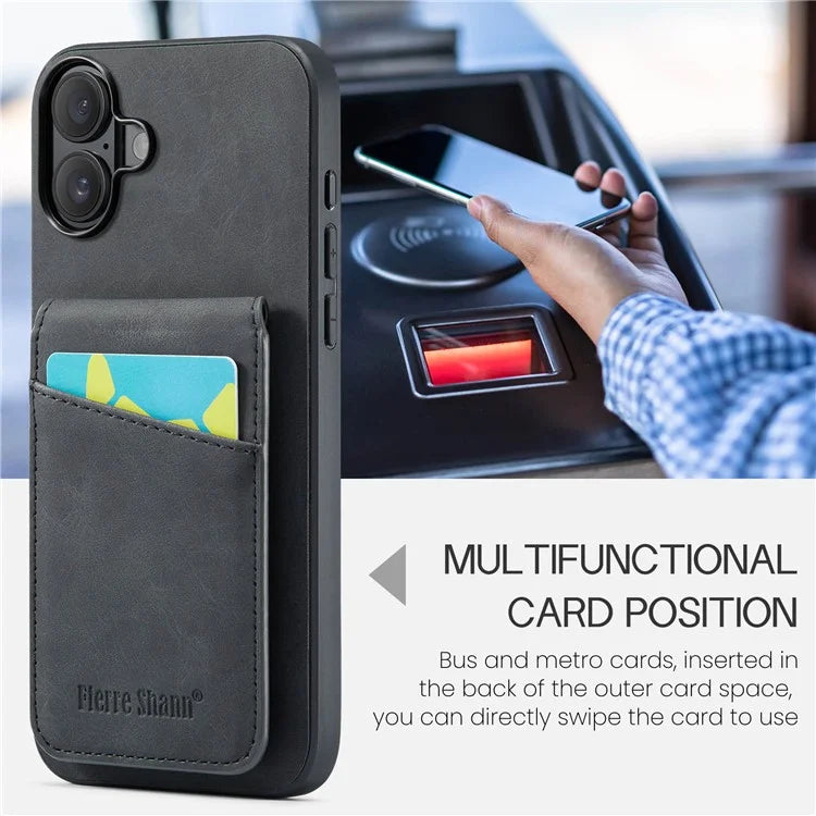 FIERRE SHANN For iPhone 16 Case Card Holder Kickstand Leather RFID Blocking Back Cover