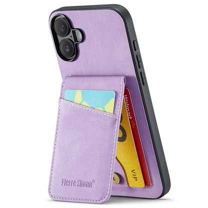 FIERRE SHANN For iPhone 16 Case Card Holder Kickstand Leather RFID Blocking Back Cover