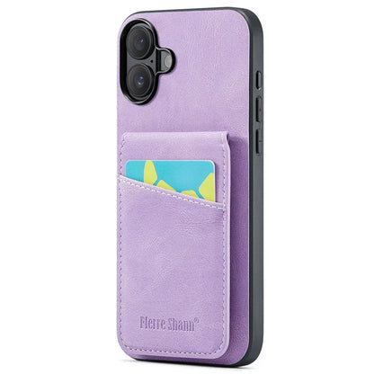 FIERRE SHANN For iPhone 16 Case Card Holder Kickstand Leather RFID Blocking Back Cover