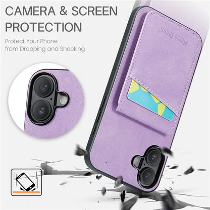 FIERRE SHANN For iPhone 16 Case Card Holder Kickstand Leather RFID Blocking Back Cover