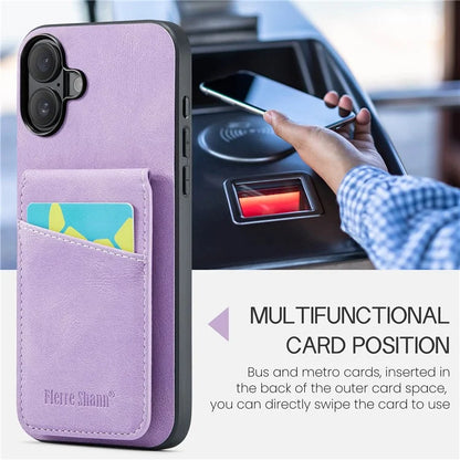 FIERRE SHANN For iPhone 16 Case Card Holder Kickstand Leather RFID Blocking Back Cover
