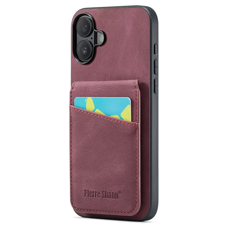 FIERRE SHANN For iPhone 16 Case Card Holder Kickstand Leather RFID Blocking Back Cover