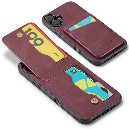 FIERRE SHANN For iPhone 16 Case Card Holder Kickstand Leather RFID Blocking Back Cover