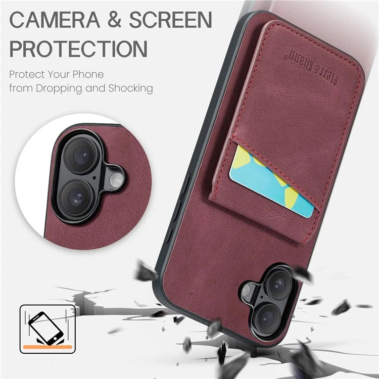 FIERRE SHANN For iPhone 16 Case Card Holder Kickstand Leather RFID Blocking Back Cover