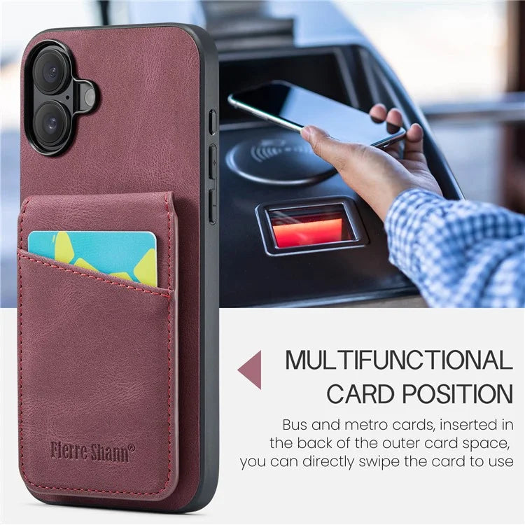 FIERRE SHANN For iPhone 16 Case Card Holder Kickstand Leather RFID Blocking Back Cover