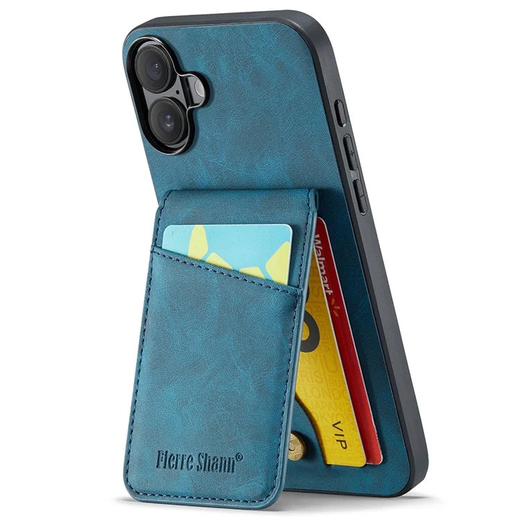 FIERRE SHANN For iPhone 16 Case Card Holder Kickstand Leather RFID Blocking Back Cover
