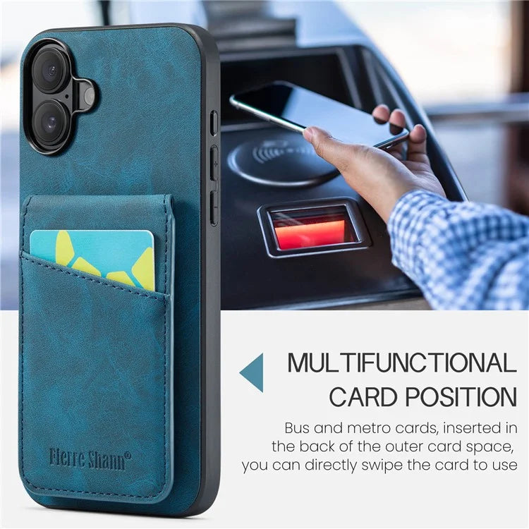 FIERRE SHANN For iPhone 16 Case Card Holder Kickstand Leather RFID Blocking Back Cover