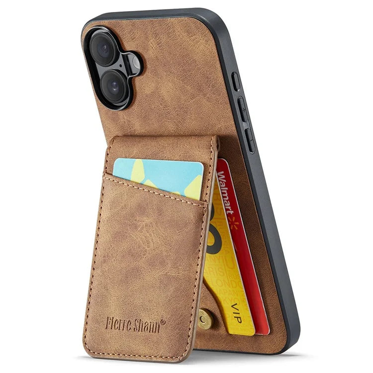 FIERRE SHANN For iPhone 16 Case Card Holder Kickstand Leather RFID Blocking Back Cover