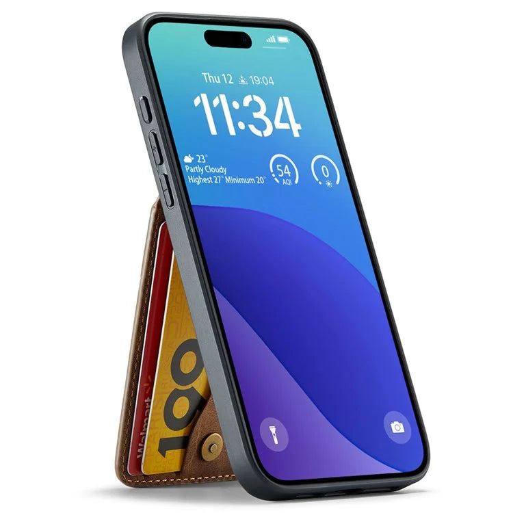 FIERRE SHANN For iPhone 16 Case Card Holder Kickstand Leather RFID Blocking Back Cover