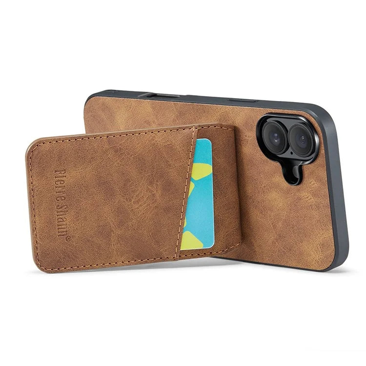 FIERRE SHANN For iPhone 16 Case Card Holder Kickstand Leather RFID Blocking Back Cover