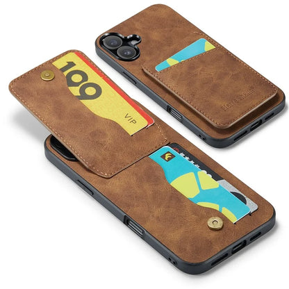 FIERRE SHANN For iPhone 16 Case Card Holder Kickstand Leather RFID Blocking Back Cover