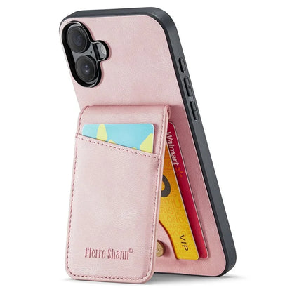FIERRE SHANN For iPhone 16 Case Card Holder Kickstand Leather RFID Blocking Back Cover
