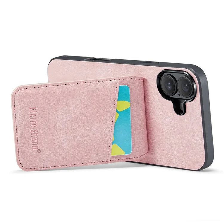 FIERRE SHANN For iPhone 16 Case Card Holder Kickstand Leather RFID Blocking Back Cover