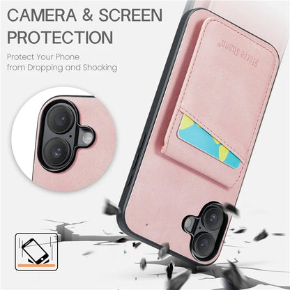 FIERRE SHANN For iPhone 16 Case Card Holder Kickstand Leather RFID Blocking Back Cover