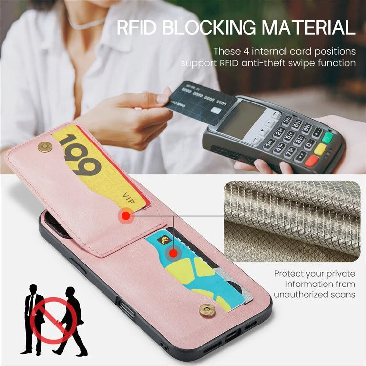 FIERRE SHANN For iPhone 16 Case Card Holder Kickstand Leather RFID Blocking Back Cover