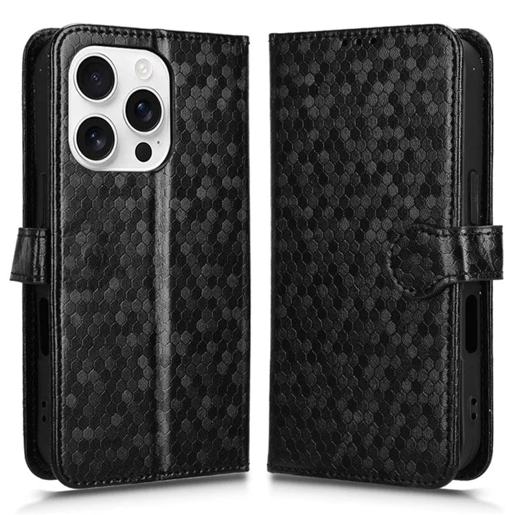For iPhone 16 Pro Wallet Case Dot Pattern Imprint PU Leather Phone Cover