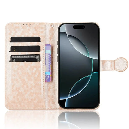 For iPhone 16 Pro Wallet Case Dot Pattern Imprint PU Leather Phone Cover