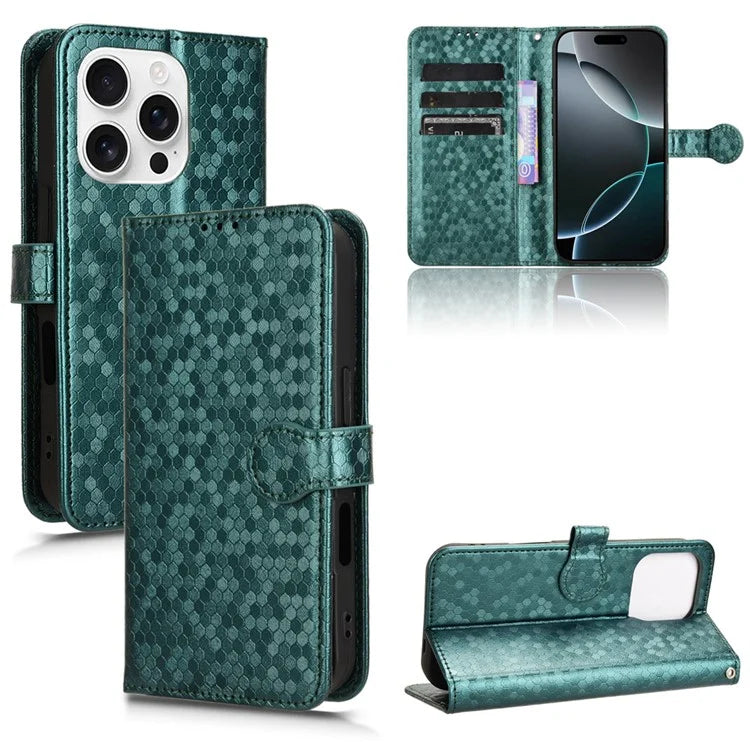 For iPhone 16 Pro Wallet Case Dot Pattern Imprint PU Leather Phone Cover