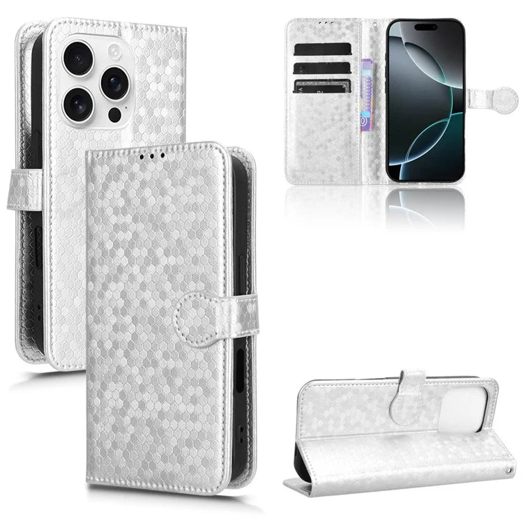 For iPhone 16 Pro Wallet Case Dot Pattern Imprint PU Leather Phone Cover