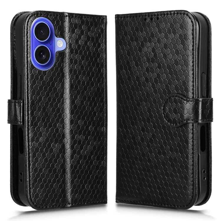 For iPhone 16 Plus Wallet Case Dot Pattern Imprint PU Leather Phone Cover