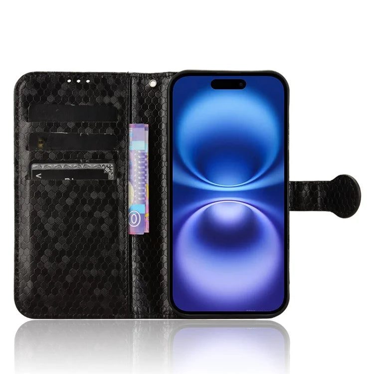 For iPhone 16 Plus Wallet Case Dot Pattern Imprint PU Leather Phone Cover