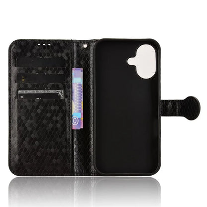 For iPhone 16 Plus Wallet Case Dot Pattern Imprint PU Leather Phone Cover