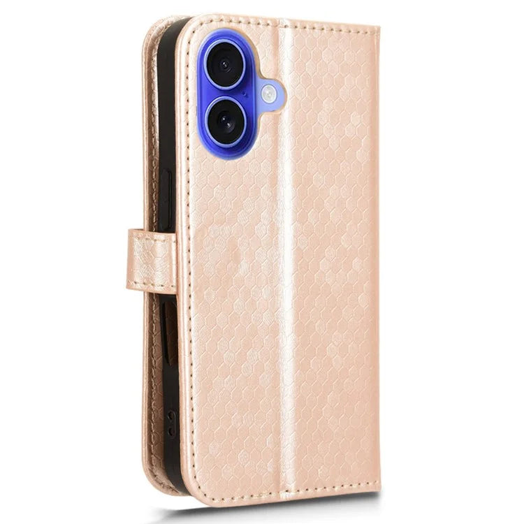 For iPhone 16 Plus Wallet Case Dot Pattern Imprint PU Leather Phone Cover