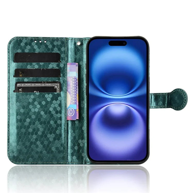 For iPhone 16 Plus Wallet Case Dot Pattern Imprint PU Leather Phone Cover