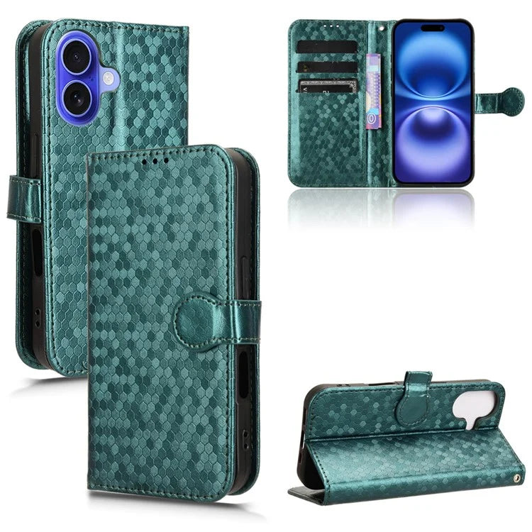 For iPhone 16 Plus Wallet Case Dot Pattern Imprint PU Leather Phone Cover