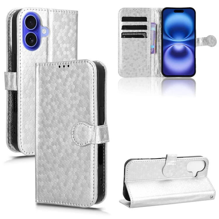 For iPhone 16 Plus Wallet Case Dot Pattern Imprint PU Leather Phone Cover
