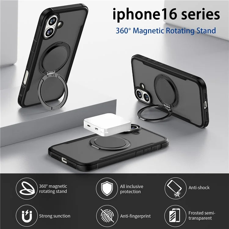 Thunder 3 Series For iPhone 16 Plus Case Rotating Magnetic Kickstand PC+TPU Matte Phone Cover