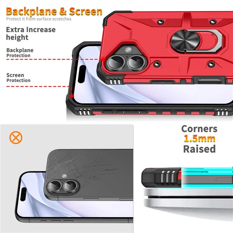For iPhone 16 Case PC+ TPU Anti-Drop Phone Cover with Ring Kickstand
