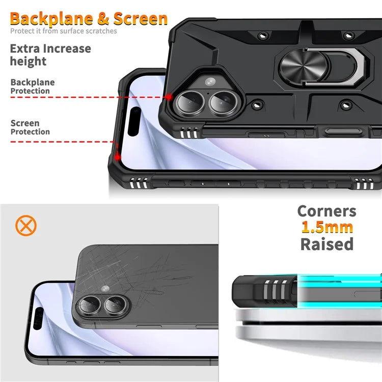 For iPhone 16 Plus Case PC+ TPU Anti-Drop Phone Cover with Ring Kickstand