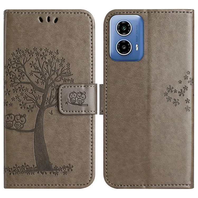 For Motorola Moto G35 5G Case PU Leather Owl Tree Imprinted Wallet Phone Cover
