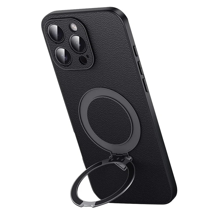 For iPhone 16 Pro Max Case Compatible with MagSafe Genuine Cow Leather+PC Kickstand Phone Cover