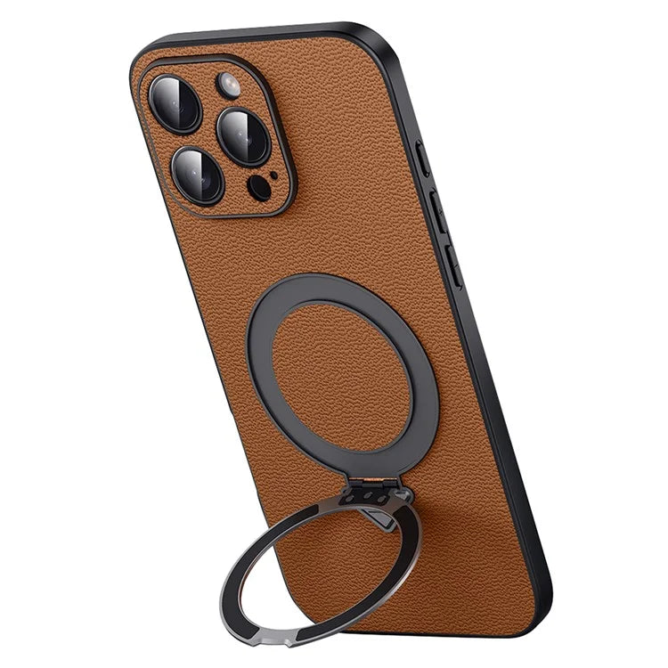 For iPhone 16 Pro Max Case Compatible with MagSafe Genuine Cow Leather+PC Kickstand Phone Cover