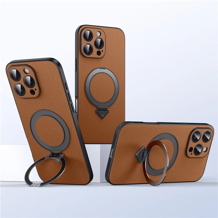 For iPhone 16 Pro Max Case Compatible with MagSafe Genuine Cow Leather+PC Kickstand Phone Cover