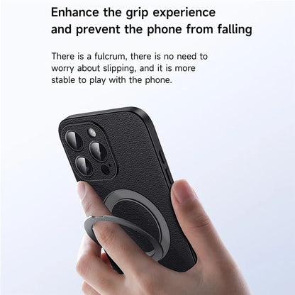 For iPhone 16 Pro Max Case Compatible with MagSafe Genuine Cow Leather+PC Kickstand Phone Cover