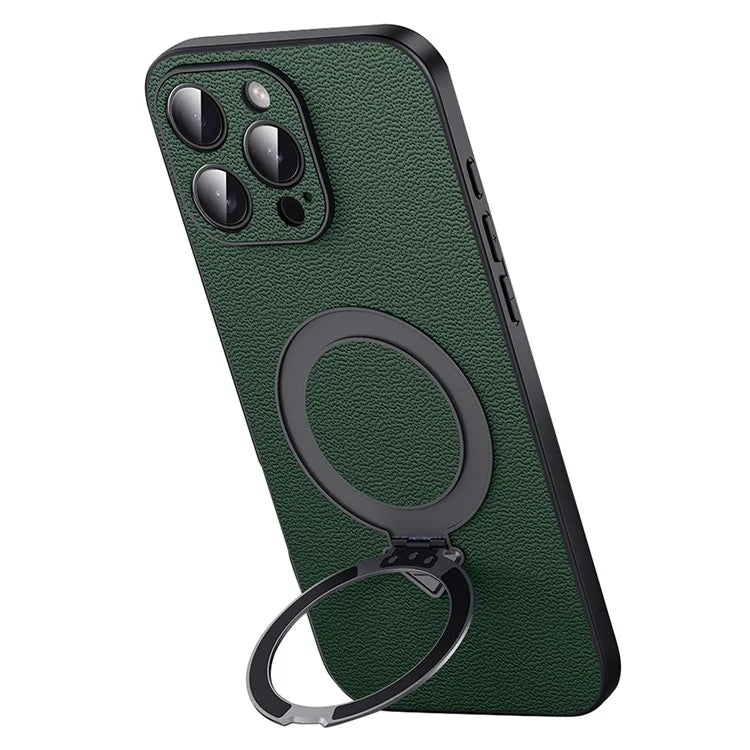 For iPhone 16 Pro Max Case Compatible with MagSafe Genuine Cow Leather+PC Kickstand Phone Cover