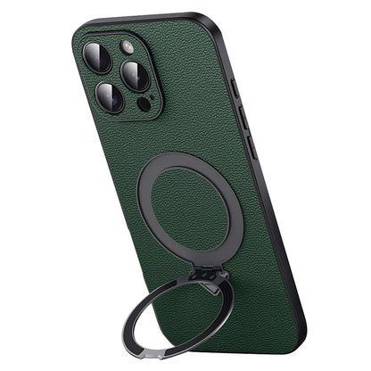 For iPhone 16 Pro Max Case Compatible with MagSafe Genuine Cow Leather+PC Kickstand Phone Cover