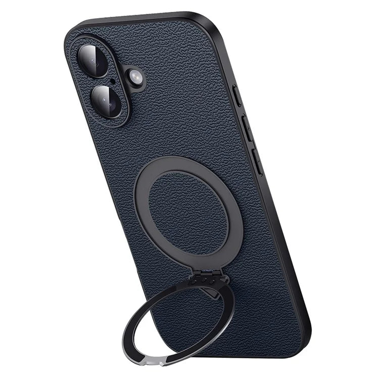 For iPhone 16 Case Compatible with MagSafe Genuine Cow Leather+PC Kickstand Phone Cover