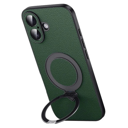 For iPhone 16 Case Compatible with MagSafe Genuine Cow Leather+PC Kickstand Phone Cover